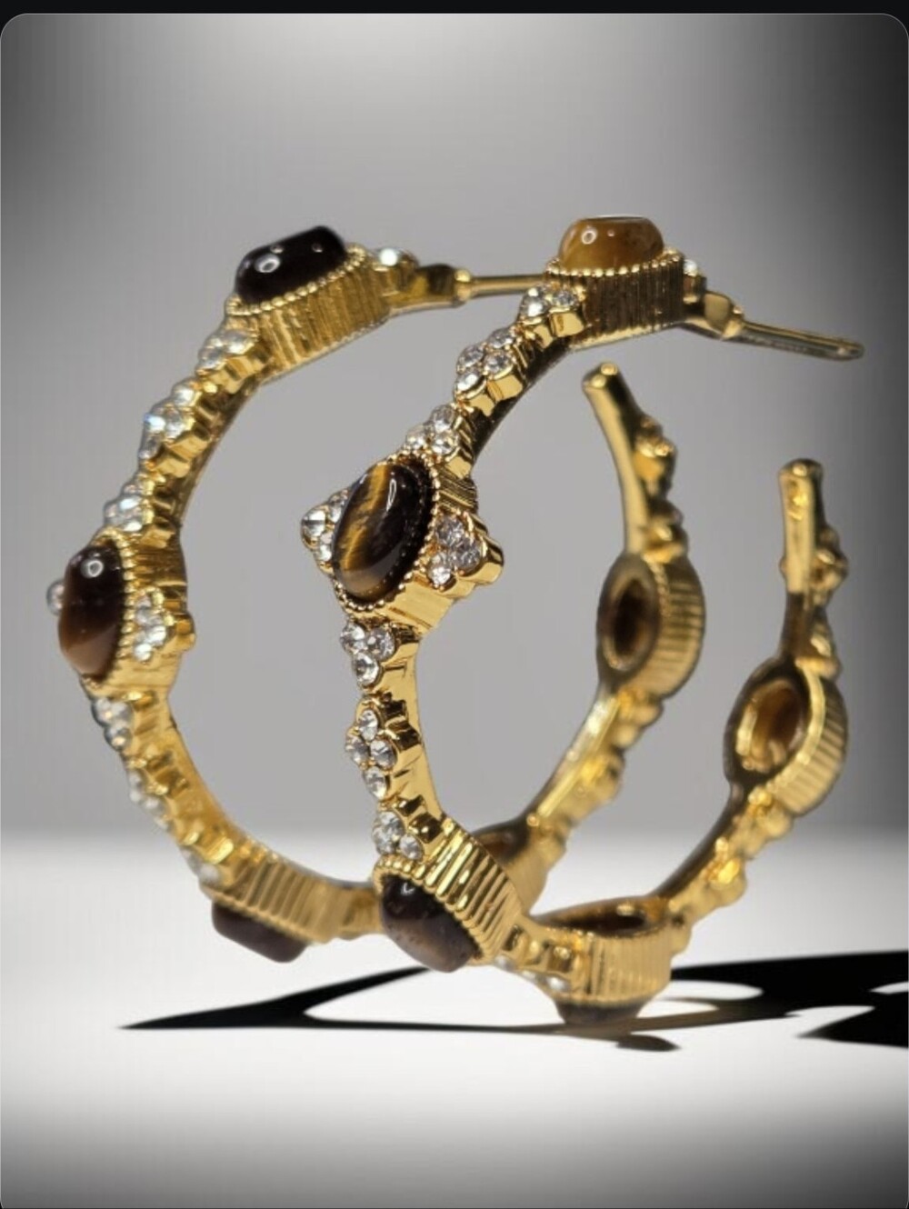 18k Gold Plated Maltese Cross Tigers Eye Jeweled Crystal Hoop Earrings - Picture 2 of 6